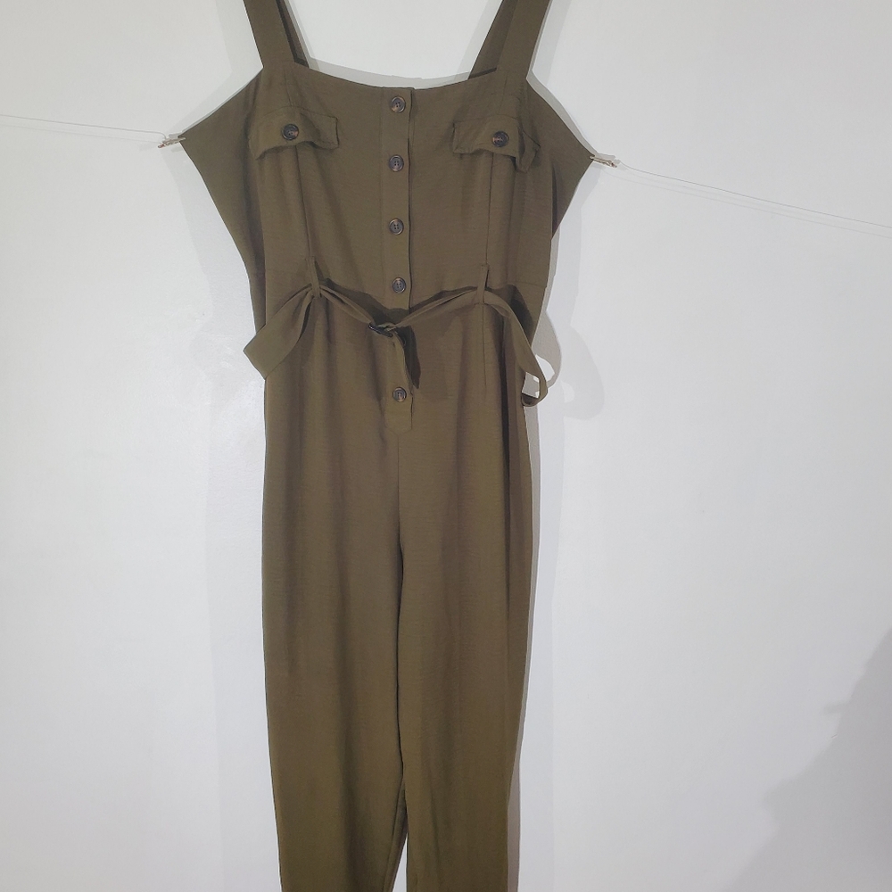 GUESS Olive Green Button-Front Wide-Leg Jumpsuit Size XL - Picture 7 of 10